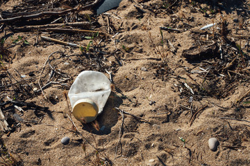 Environmental problems, garbage on the beach, bottle