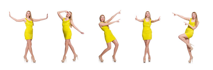 Pretty tall woman in short yellow dress isolated on white