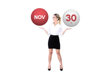 November 30th calendar background. Day 30 of nov month. Business woman holding 3d spheres. Modern concept.