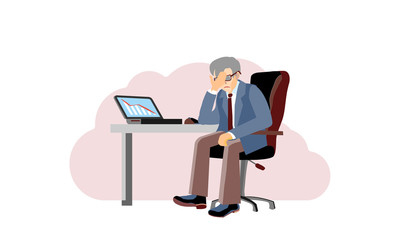 Economic crisis, professional bankruptcy.Old businessman closes his face by hands. Worried and stress in pay. Depression frustrated person have financial problem. Risky business ruins. Cartoon vector