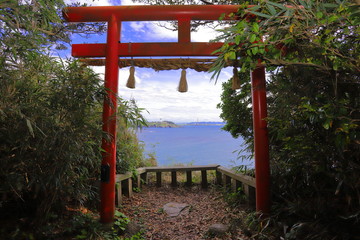 鳥居の向こう側に東尋坊が見えている風景