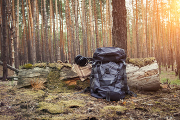 Tourist backpack and headphones in the forest. Concept of a hiking trip to the forest or mountains