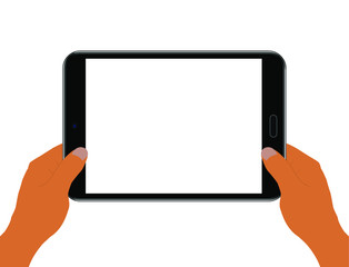 Hands holding black tablet PC. Stock vector illustration on white isolated background.