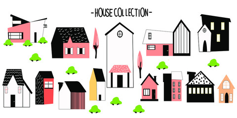 Vector set of colored stylized houses. Houses collection. Vector illustration. Flat design. All elements are isolated.