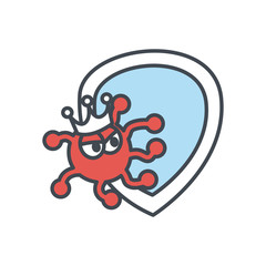 Covid 19 virus cartoon with crown and shield flat style icon vector design