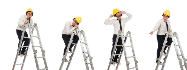 Construction worker in funny concept on white