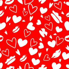 Seamless pattern. Love time. Drawing in flat style.Red background. Vector