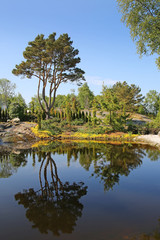 Fototapeta na wymiar Reflections in the water at beautiful landscape with plants, flowers, trees, gardens on the islands outside Stavanger, Norway.