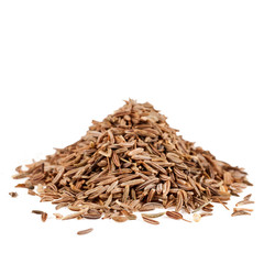 Heap of caraway seeds isolated on a white background.
