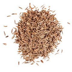 Heap of caraway seeds isolated on a white background. Top view.