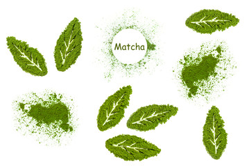 Heaps and leaves made of powdered matcha tea isolated on a white background.
