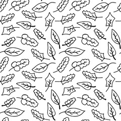 Different black contour leaves isolated on white background. Natural seamless pattern. Hand drawn vector graphic illustration. Texture.