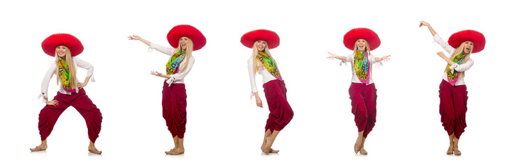 Mexican girl with sombrero dancing on white