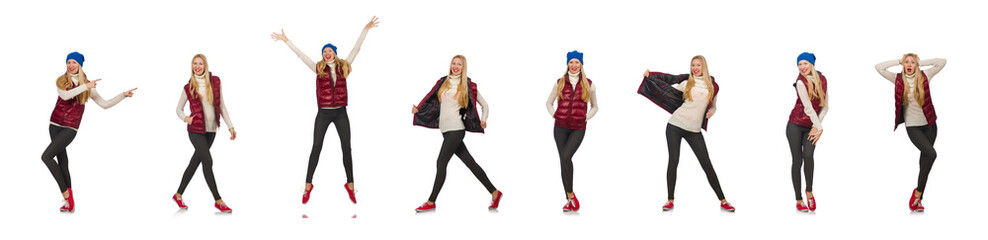 Blond hair girl in bordo vest isolated on white