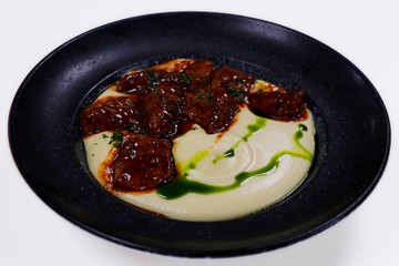 creamy mashed potato with teriyaki sauce glazed tender beef cubes