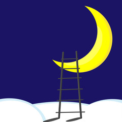 half Moon on night sky with stair on white clouds