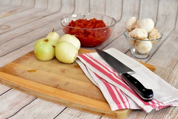 Fresh organic vegetables ready for dicing and chopping to make healthy family meal kit dinner