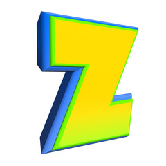 Comic style letter z. Creative high detail yellow and blue comic font.Multilayer funny colorful 3d render letters and figures for decoration of kids' illustrations, websites, comics, banners.