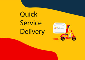 Flat style vector illustration of cartoon delivery man sending parcel online. Quick delivery service concept.Delivery man ride a scooter motorbike to deliver customer goods.