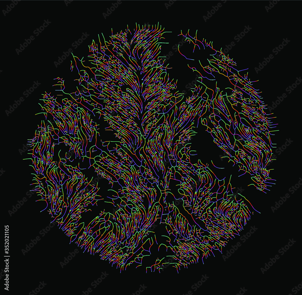 Poster Generative Art with Visualization of Random Perlin Noise. Conceptual image of high tech systems: Artificial Intelligence, Deep Learning, Neural networks and Internet Map.