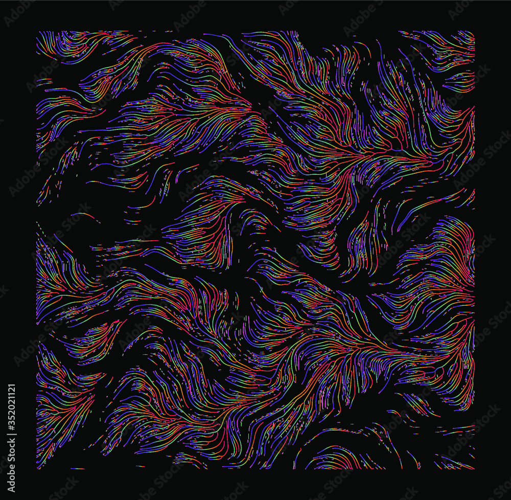 Poster Generative Art with Visualization of Random Perlin Noise. Conceptual image of high tech systems: Artificial Intelligence, Deep Learning, Neural networks and Internet Map.