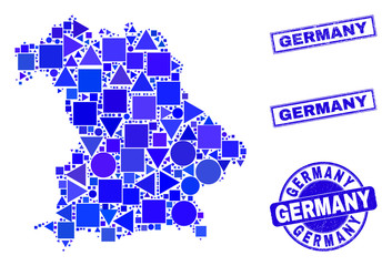 Vector mosaic Germany map. Geographic plan in blue color hues, and rubber round and rectangle stamp seals. Abstract mosaic of Germany map made of round, tringle, square geometric elements.