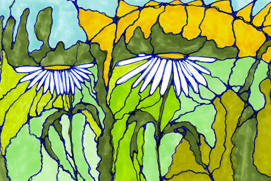 Daisies in a field at sunset. Neurographic design of the picture using multi-colored markers. The modern neuro art.
