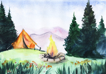 Watercolor summer landscape. Camping in the wild. Clearing with tent and campfire surrounded by pine trees against background of distant mountains. Hand drawn illustration