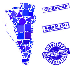 Vector mosaic Gibraltar map. Geographic plan in blue color tints, and rubber round and rectangle stamps. Abstract mosaic of Gibraltar map combined of round, triangles, square geometric elements.
