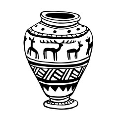 a vase with  black ornament & simple pattern of deer silhouettes, ancient pottery, museum exhibit, vector illustration with contour lines isolated on white background in doodle and hand drawn style