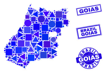 Vector mosaic Goias State map. Geographic collage in blue color shades, and corroded round and rectangle stamps. Abstract mosaic of Goias State map organized of round, tringle,