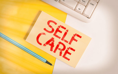 Conceptual hand writing showing Self Care. Concept meaning the practice of taking action to improve...