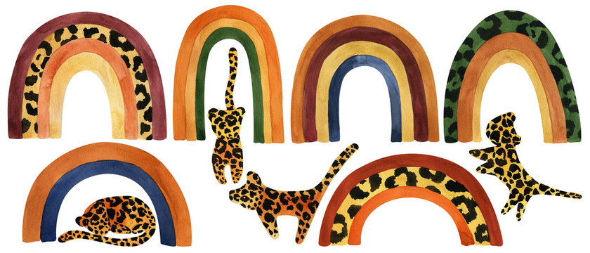 Watercolor set of rainbow with leopard print, cartoon leopard on isolated white background, watercolor hand drawing
