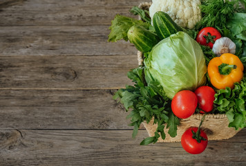 fresh vegetables set right side wooden background