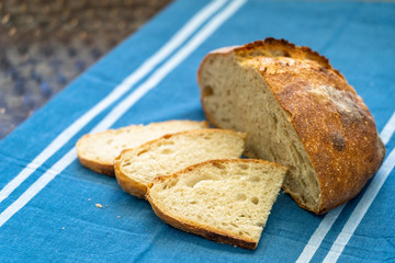 Sliced boule (round loaf) of freshly baked sourdough bread