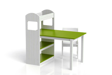 Furniture for children. Table with whatnot. Highchair. 3D render.