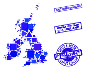 Vector mosaic Great Britain and Ireland map. Geographic scheme in blue color hues, and textured round and rectangle stamp seals. Abstract mosaic of Great Britain and Ireland map composed of sphere,