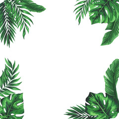 Fototapeta na wymiar Frame with green tropical and monstera leaves