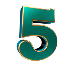 3d render number five, 5. Blue and gold font isolated on white background