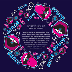 Circle Frame concept with place for text. Stickers of open mouth with tongue. Cheeky lips of a girl. Handwritten lettering. Juicy neon illustration on a dark blue background.