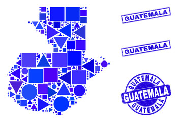 Vector mosaic Guatemala map. Geographic scheme in blue color tinges, and grunge round and rectangle stamp seals. Abstract mosaic of Guatemala map created of round, tringle, square geometric items.