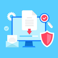Downloading document. Vector illustration. Computer with file and down arrow symbol on screen, loading progress bar, shield, email, magnifying glass and check mark, etc.