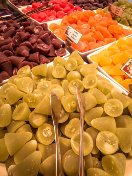 Colorful traditional Belgian sweets (cuberdon, ghent nose)