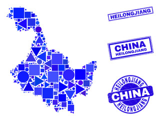 Vector mosaic Heilongjiang Province map. Geographic collage in blue color shades, and corroded round and rectangle stamps. Abstract collage of Heilongjiang Province map designed of round, triangles,