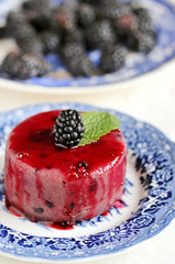 semolina pudding with blackberries. Soft focus. Copy Space