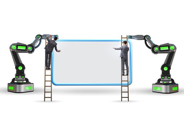 Business people and blank poster supported by robotic arms