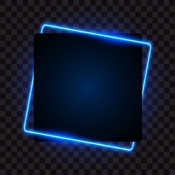 Blue Neon Square Frame, Glowing Banner On Transparent Background, Vector Illustration.