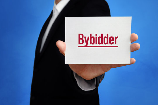 Bybidder. Lawyer holding a card in his hand. Text on the board presents term. Blue background. Law, justice, judgement