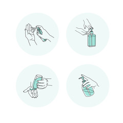 Antiseptics and hands set, sanitizers, drawing icons