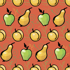 seamless background of pears, peaches and apples, isolated images, doodles, hand drawing